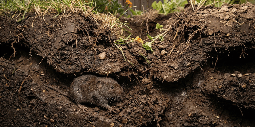 Galer&iacute;a de t&uacute;neles excavados por un topillo en un jard&iacute;n con riesgo de hundimiento
